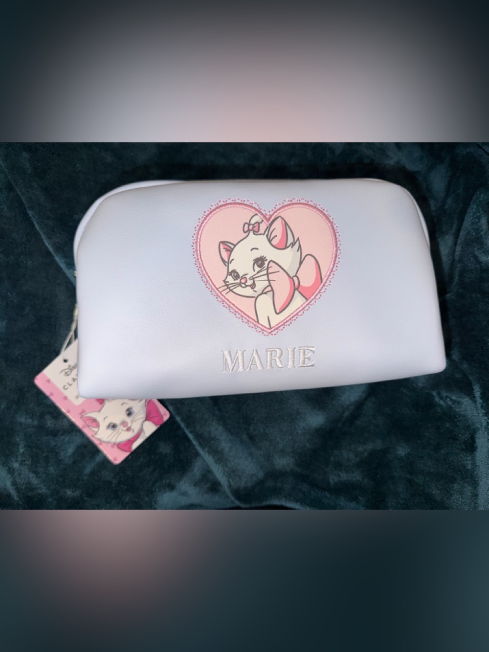 Light Blue Faux Leather Marie Makeup Bag with Heart Zip Charm